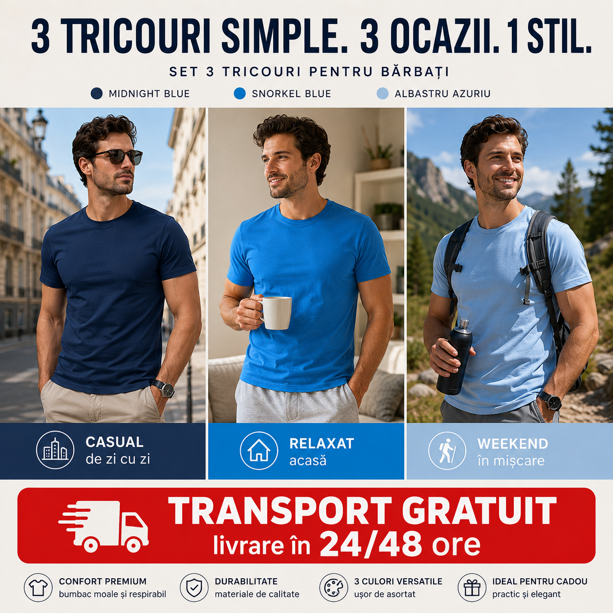 Tricouri bărbați albastru &icirc;nchis snorkel blue și azuriu din bumbac 100% pentru ținute casual